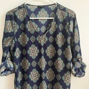 Ann Taylor Navy Green Damask Mandala Blouse in Small Petite